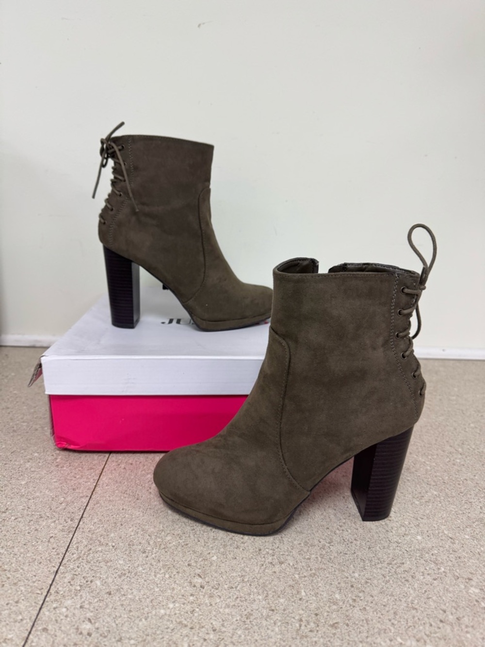 JustFab Olive Lace-Up Suede Block Heel Ankle Boots